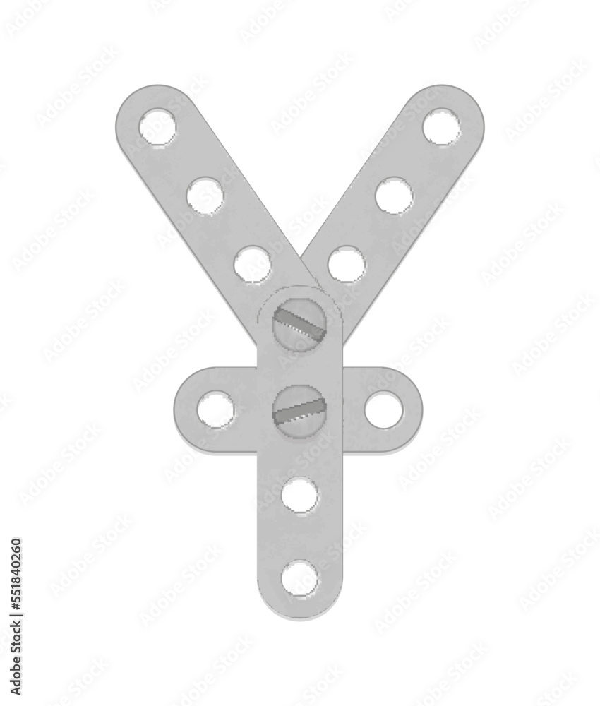 Alphabet from the details of the iron constructor. Yuan sign. Vector illustration isolated on white background Alphabet from the details of the iron constructor. Yuan sign. Vector illustration isolated on white background