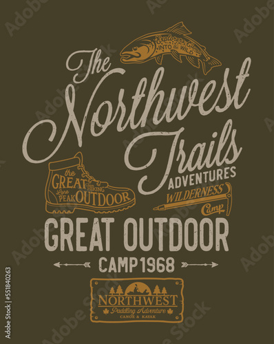 Northwest trail adventure camp great outdoor vintage vector print for boy t shirt