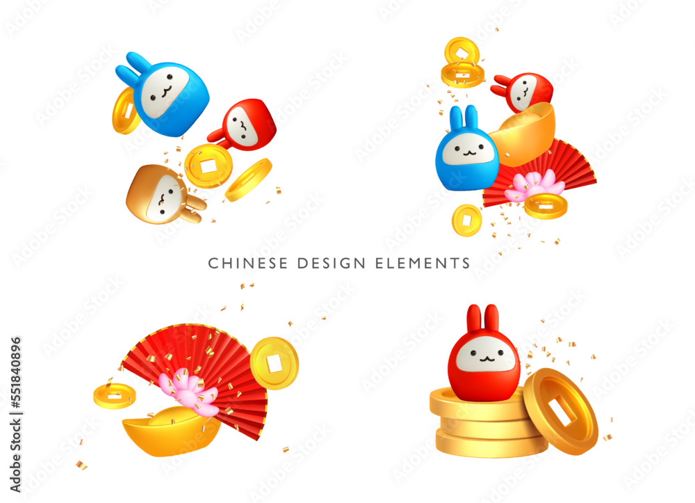 3d set chinese design elements. Chine gold ingot, lunar rabbit, asian fans for chinese new year. Asian spring festival icon. Vector cartoon illustrarion