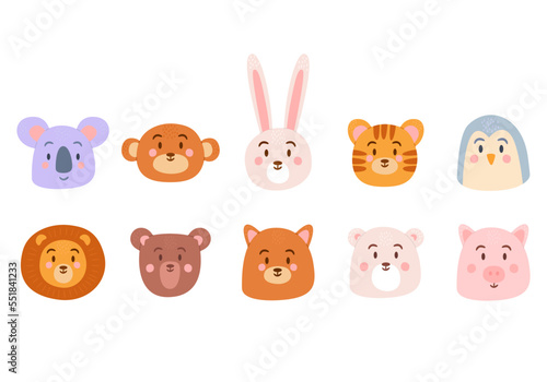 Cute vector cartoon set of heads of various animals such as bear, tiger, lion, cat, koala, penguin, pig, hare, monkey.