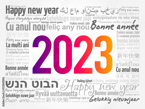 2023 Happy New Year in different languages, celebration word cloud greeting card