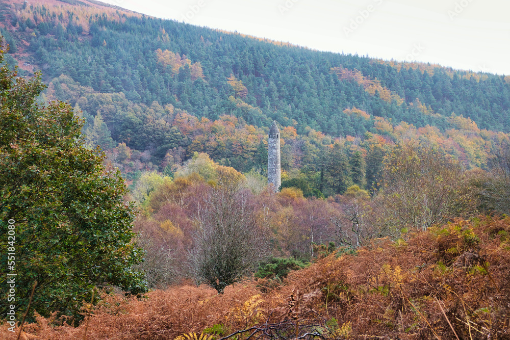 Ireland Glendalough Round Tower in Trees