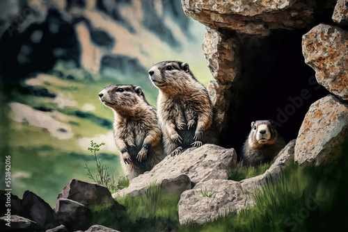 Marmots lounging on the grass in the ripera valley pyrenees, not far from salto de tendenera. Generative AI photo