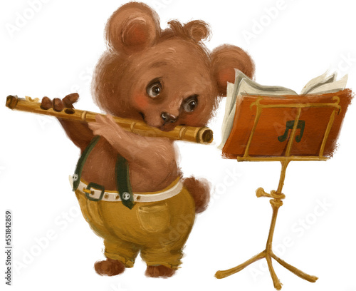 Cute watercolor woodland animal musician. Bear with flute. Music forest animal character