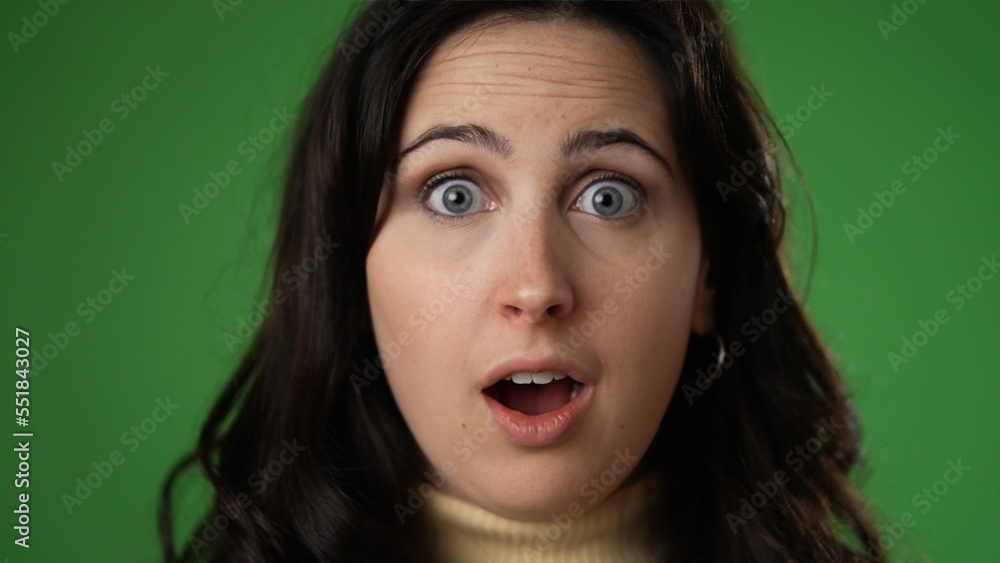 Closeup portrait of excited young woman 20s anticipate great success, winner, WOW, isolated on green screen background. Closeup portrait of excited young woman 20s anticipate great success, winner, WOW, isolated on green screen background.