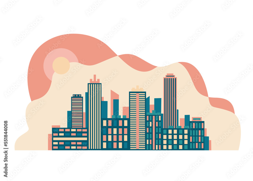Vector horizontal illustration of abstract daytime city landscape with skyscrapers, mountains and sun in simple modern style