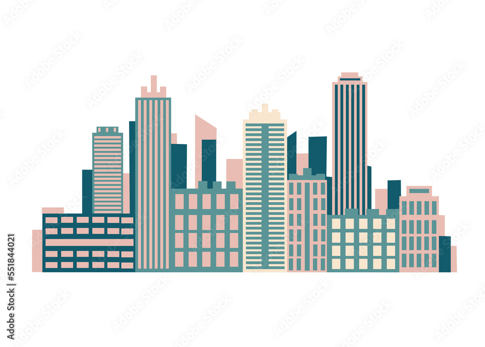Vector horizontal illustration of abstract daytime city landscape with skyscrapers, mountains and sun in simple modern style Vector horizontal illustration of abstract daytime city landscape with skyscrapers, mountains and sun in simple modern style