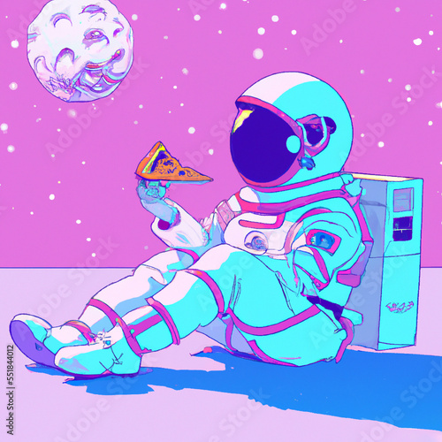 Portrait of an astronaut in space who eats pizza with moon on background, generated AI