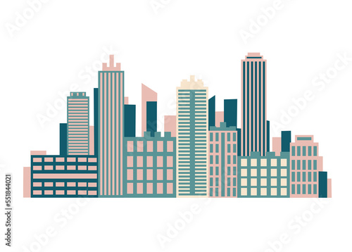 Vector horizontal illustration of abstract daytime city landscape with skyscrapers  mountains and sun in simple modern style