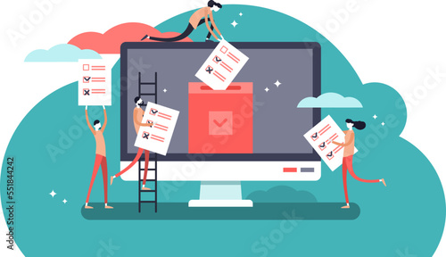 Online voting mini people concept flat, transparent background illustration with computer screen,voting box and voters making decisions.Modern electronic voting system for election,government rules an