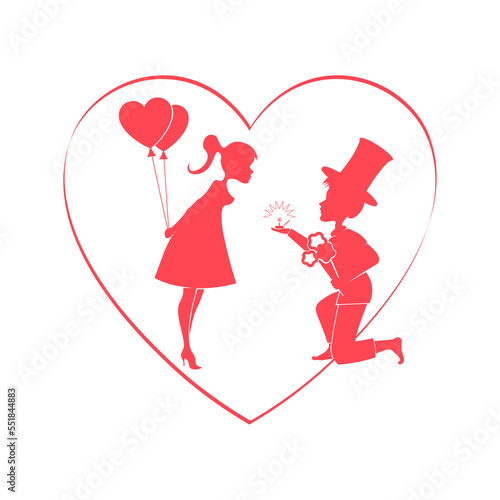 Illustration with a silhouette of the heart, a boy in a hat on his knees and a girl with balloons.