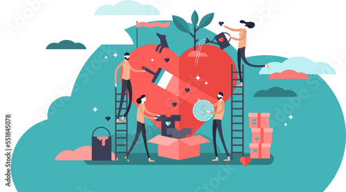 Volunteering, transparent background illustration. Stylized and abstract team help charity and sharing hope. Care, love and good heart community support poor, homeless and elder persons.