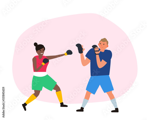 african american woman boxing training exercise with man trainer vector illustration