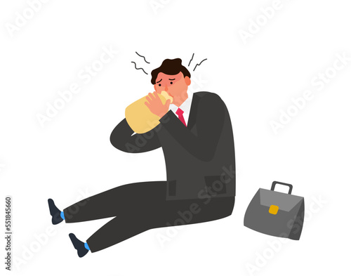 sitting businessman in panic attack stress breathing paper bag vector illustration