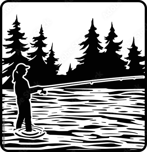 Woman Fishing at lake Vector