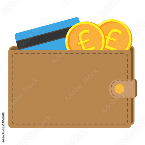Wallet with pound coins and credit card. Flat vector illustration.