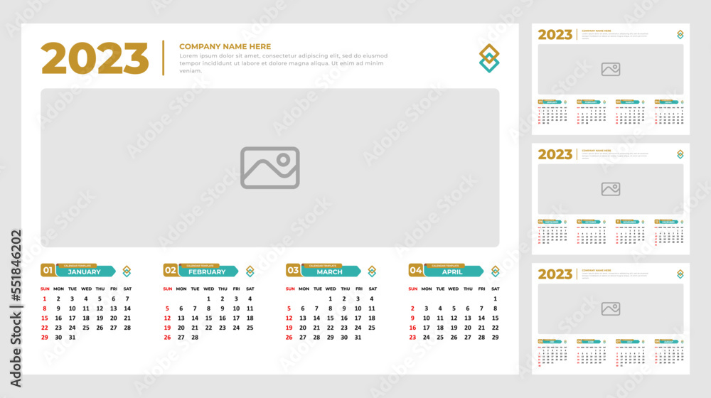 2023 desk calendar design template. Editable page and color with photo placeholder. 4 months in each of page calendar 2023 desk calendar design template. Editable page and color with photo placeholder. 4 months in each of page calendar