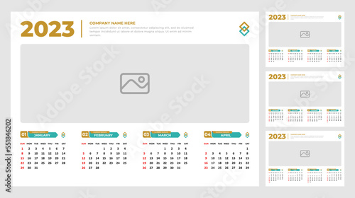 2023 desk calendar design template. Editable page and color with photo placeholder. 4 months in each of page calendar