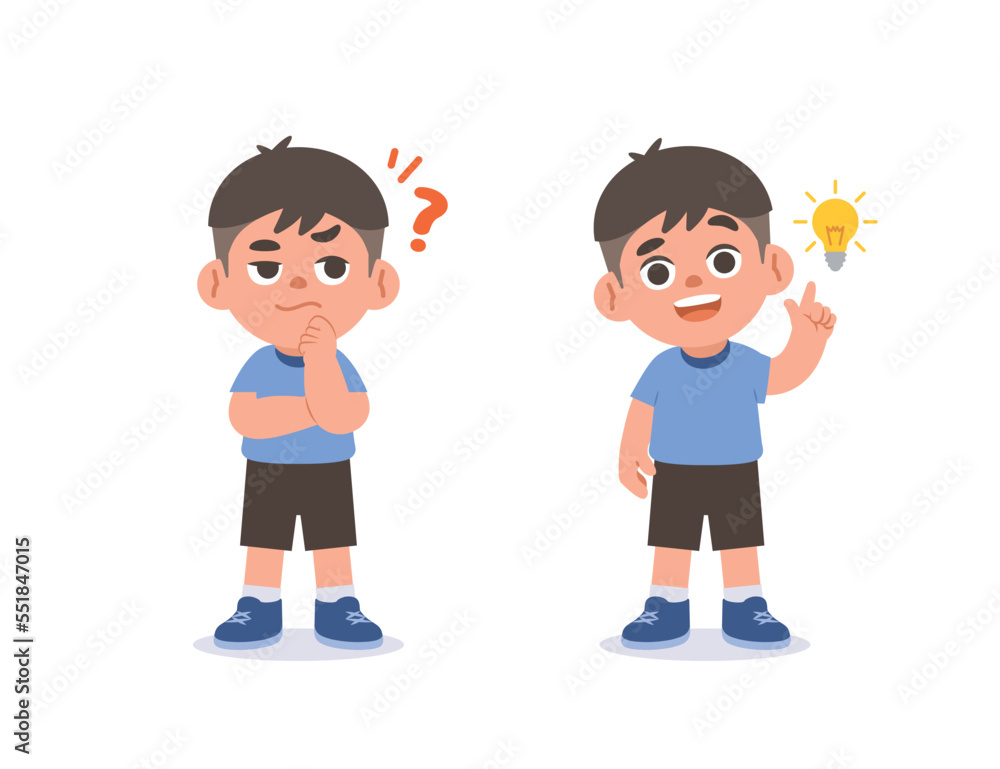 The Asian boy was confused, wondered, had a problem, and tried to answer and The girl figured out the answer to the problem. illustration cartoon character vector design on white background.
