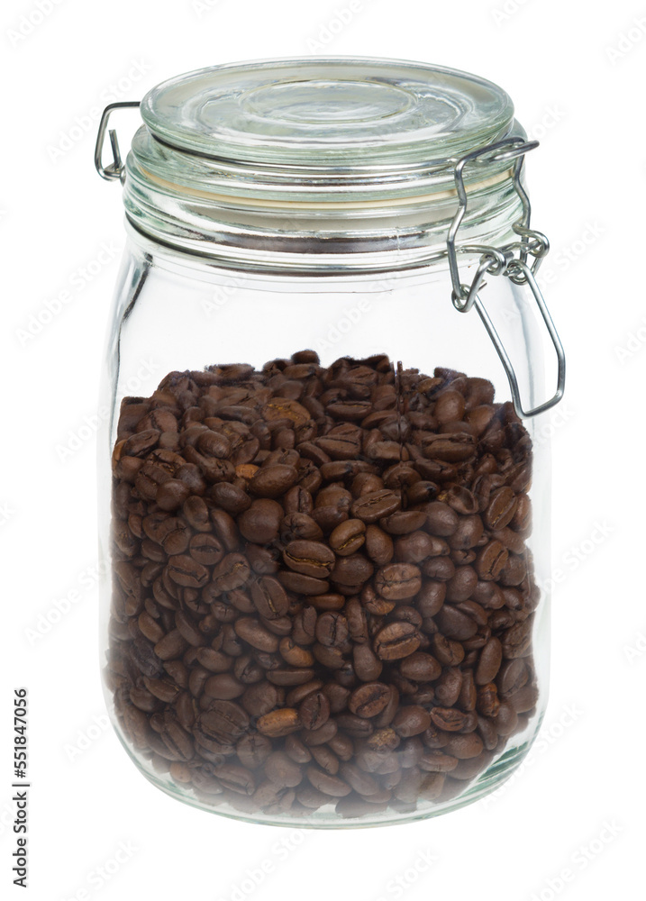Coffee beans in a glass air tight jar, PNG isolated on transparent background Coffee beans in a glass air tight jar, PNG isolated on transparent background