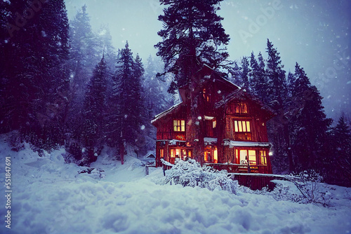 Cozy house snow-covered forest, covered in snow © Llama-World-studio