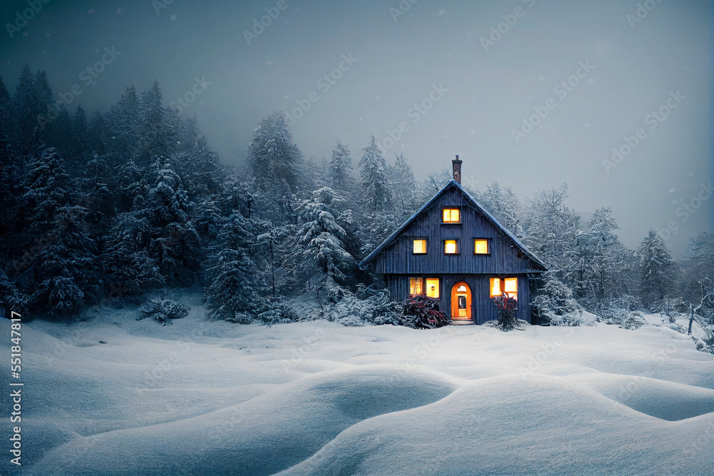 Wooden house snow-covered forest, snow-covered