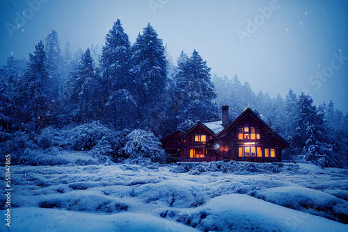 Cozy wood house winter forest, roof in the snow