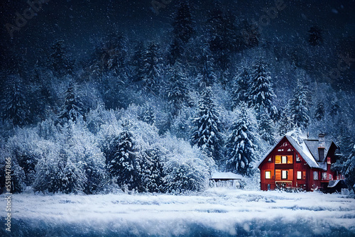 Cozy wood house snow-covered forest, roof in the snow
