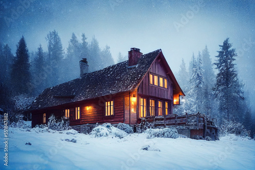 Cozy wood house snow-covered forest, snow-covered