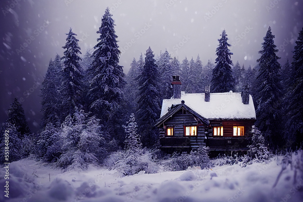 Cozy wood house snow-covered forest, roof in the snow
