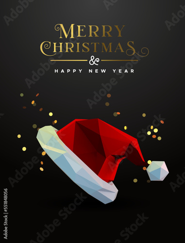 Merry christmas greeting card santa red hat in low poly abstract 3d