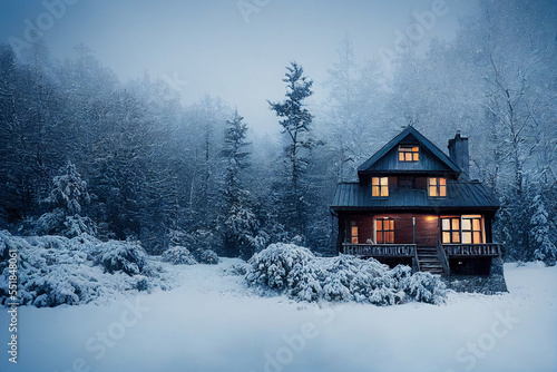 Wooden house forest covered in snow, snow-covered