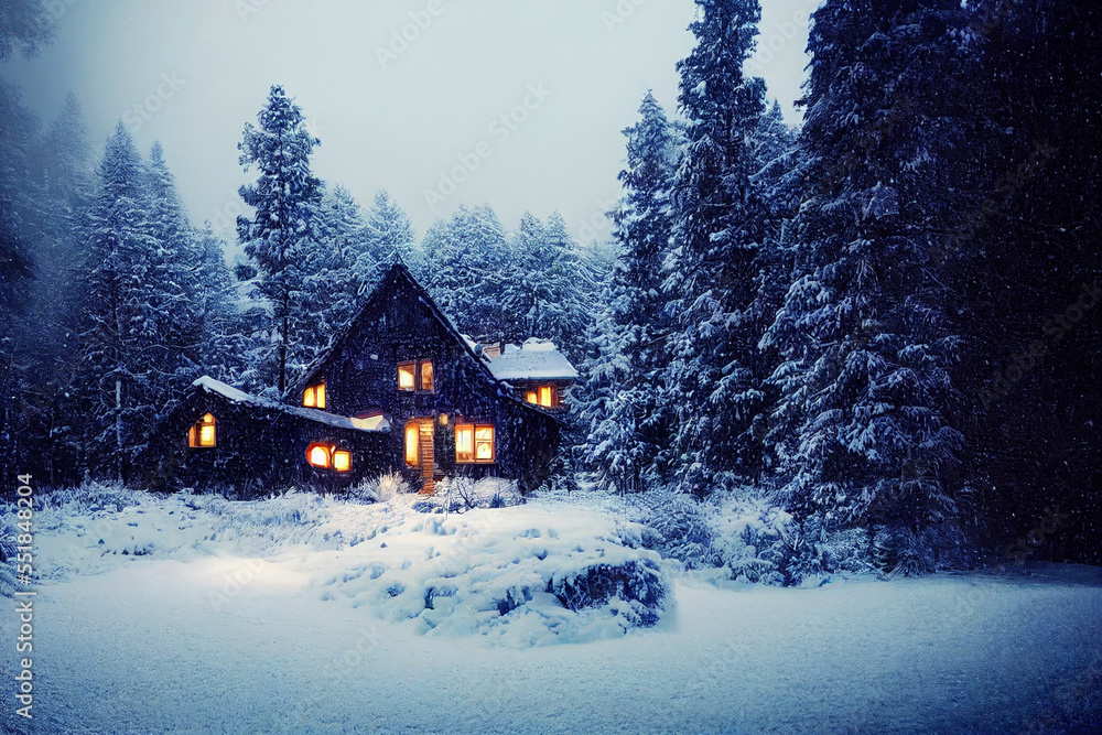 Naklejka premium Cozy house trees covered with snow, snow-covered