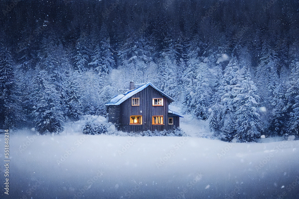 Wooden house forest covered in snow, covered in snow Wooden house forest covered in snow, covered in snow