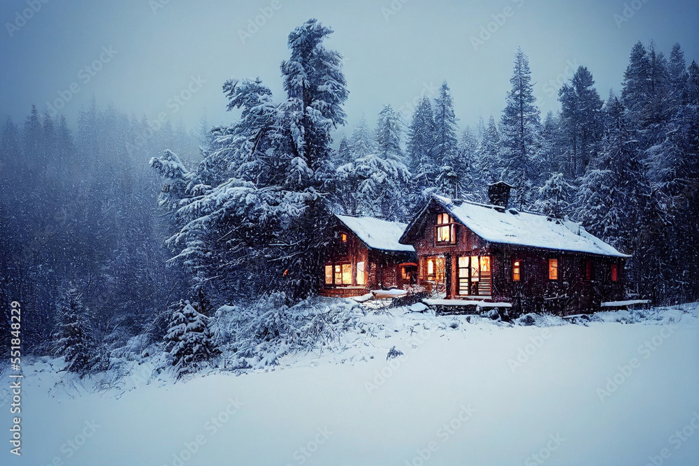 Wooden house winter forest, roof in the snow