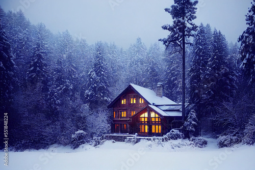 Wooden house snow-covered forest, roof in the snow