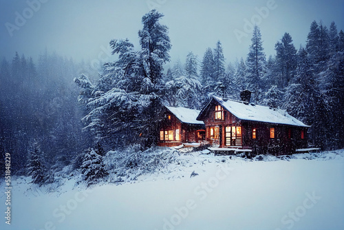 Wooden house winter forest, roof in the snow