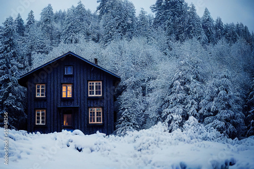 Wooden house forest covered in snow, snow-covered
