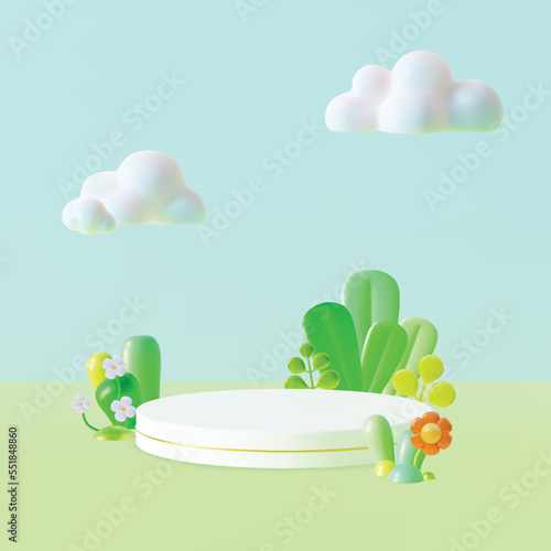 3d Scene with Round Podium Platform Round Stage Product with Flowers and Trees Plasticine Cartoon Style for Promotion, Marketing and Advertising. Vector illustration