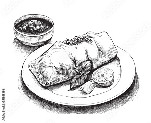 Chimichanga meat roll hand drawn sketch Asian food Restaurant business concept.