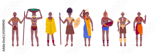 Cartoon Color Characters African Tribe People Set Traditional Tribal Culture Concept Flat Design Style. Vector illustration