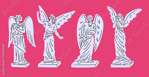 Cartoon White Marble Statues Set Sculpture Concept Flat Design Style. Vector illustration of Statue with Wings