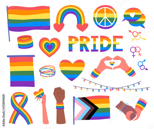 Cartoon Different Pride Lgbt Symbols Set Concept Flat Design Style Include of Flag and Rainbow. Vector illustration of Lgbtq Signs