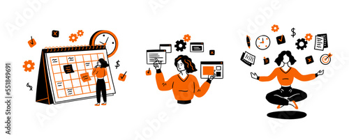 Cartoon Color Characters Women and Productive Workflow Organization Concept Flat Design Style. Vector illustration of Organization Schedule and Business Project