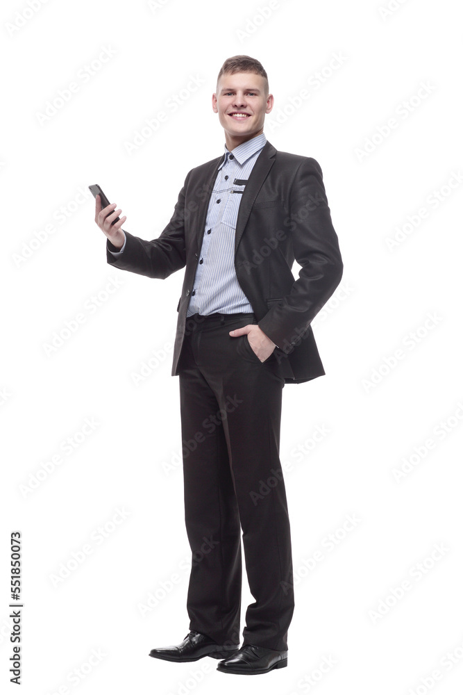 happy young businessman with a new smartphone . happy young businessman with a new smartphone .