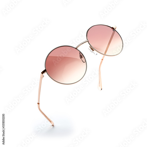 Sunglasses in flying isolated on white and grey background. Retro sunglasses summer woman fashion accessories as design element for promo or advertising banner. Modern metal glasses with frame round