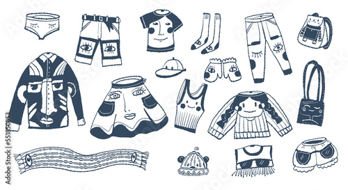 Drawing of clothes with prints in the style of doodle.