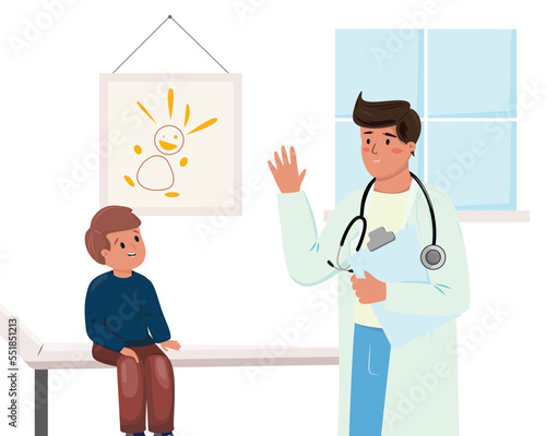 Doctor and the child in the room. Flat cartoon illustration with a boy having a check up by pediatrician.