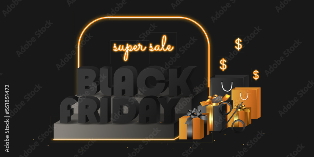 Black Friday Sale. Realistic 3d design stage podium, round studio, gold neon lights. Black Friday Super Sale. Realistic black gifts boxes.