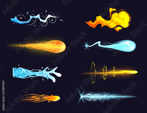 Vfx gun effect. Raygun futuristic alien weapon boom. Game or comic book colorful energy phasers lightnings. Laser gun beam. Cartoon futuristic shot effect. Space astronaut blaster attacks set.